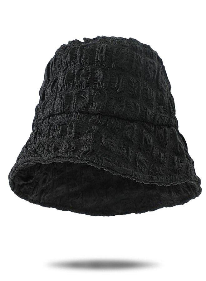 huablo Women's Lightweight Seersucker Jacquard Bucket Hat, Cute Sun Beach Hat, Packable Fisherman Cap for Outdoor Hiking Travel Black - Image 1